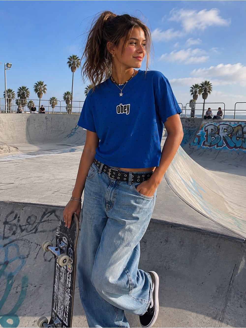 Obey Cropped Skater Tee Blue Stars Medium Women